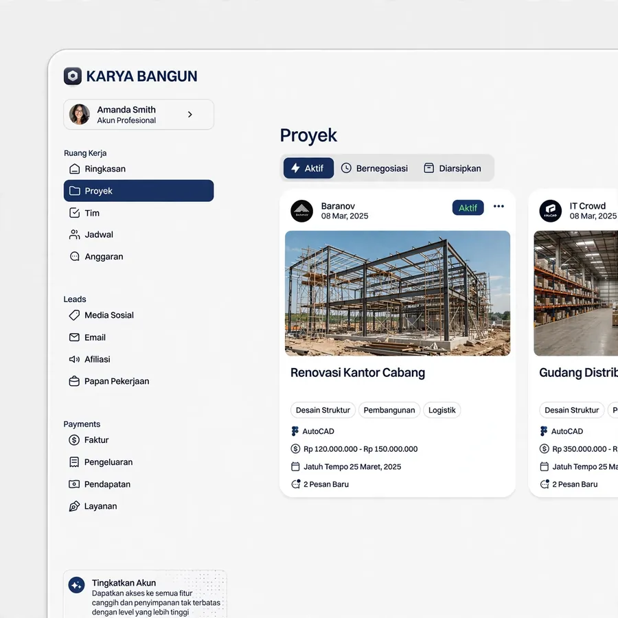 Project Management — A construction project panel with schedule, team, and budget per job.
