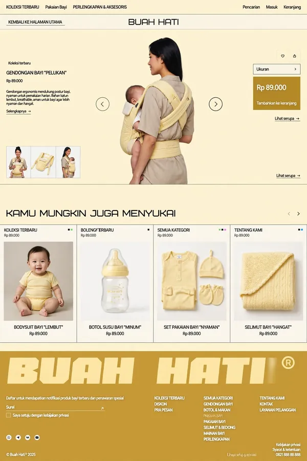 Baby Goods Store — A baby goods catalogue with material and size notes.