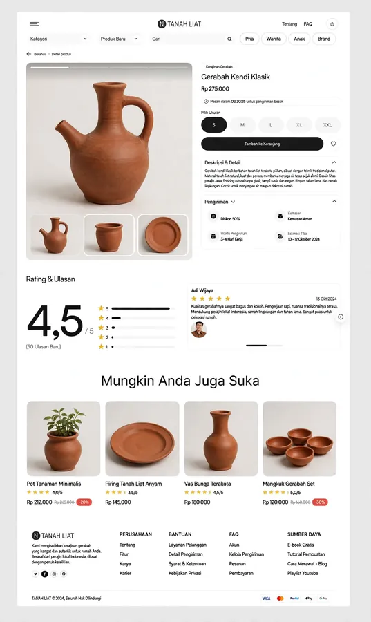 Pottery Product Page — A pottery detail page with material notes and reviews.