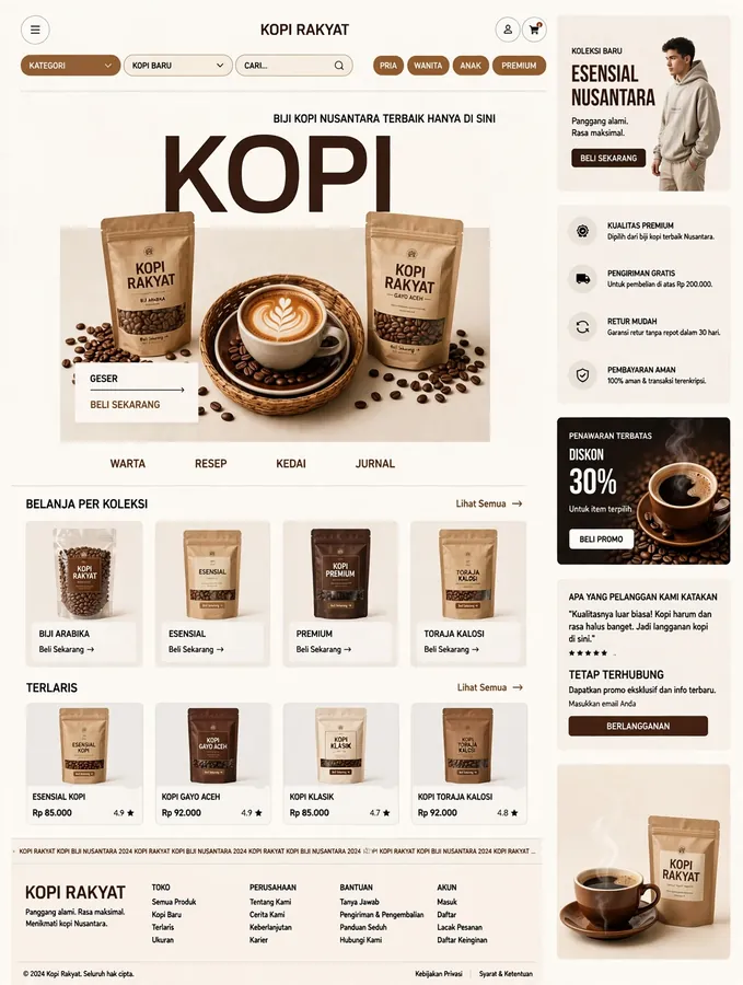 Online Coffee Store — An Indonesian coffee bean storefront with collections and per-pack pricing.