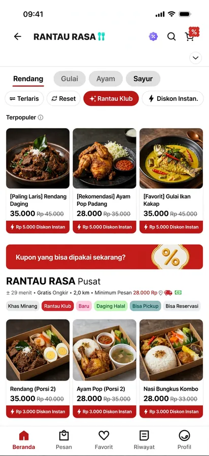 Food Delivery App — A Padang food ordering screen with dish categories and pricing.
