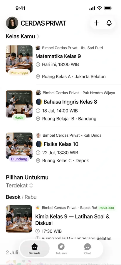 Tutoring Schedule App — A tutoring class schedule with times, tutors, and suggested classes.