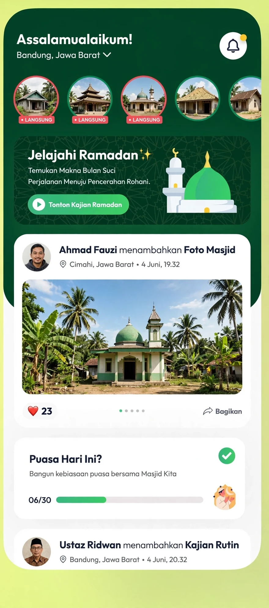 Mosque Services App — Mosque services on one screen: prayers, donations, study, zakat.