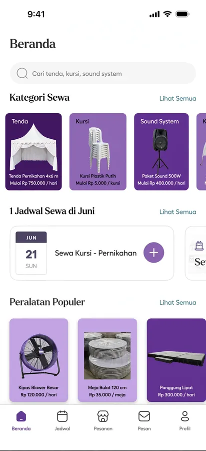 Party Rental App — A party equipment rental catalogue: tents, chairs, sound systems.