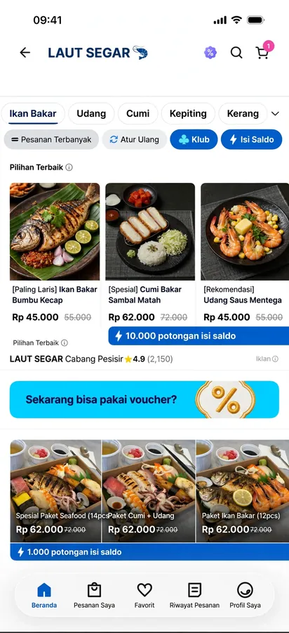 Seafood Delivery App — A seafood ordering screen with categories and per-portion pricing.
