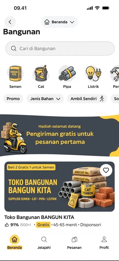Building Supplies App — Building material search with categories and delivery.