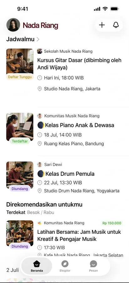 Music Class Schedule App — A music class schedule with times, tutors, and suggested classes.