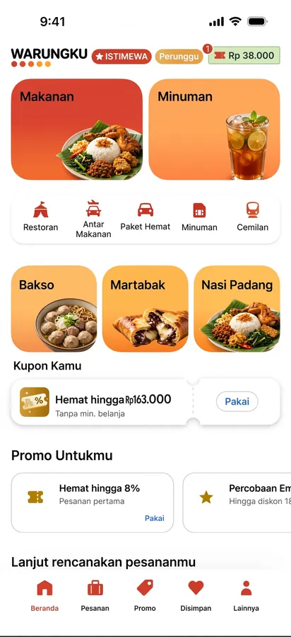 Food Delivery App — A food delivery home screen: balance, categories, coupons, and promos.