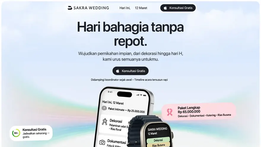 Wedding Organiser — A wedding-package page with itemised contents and pricing.