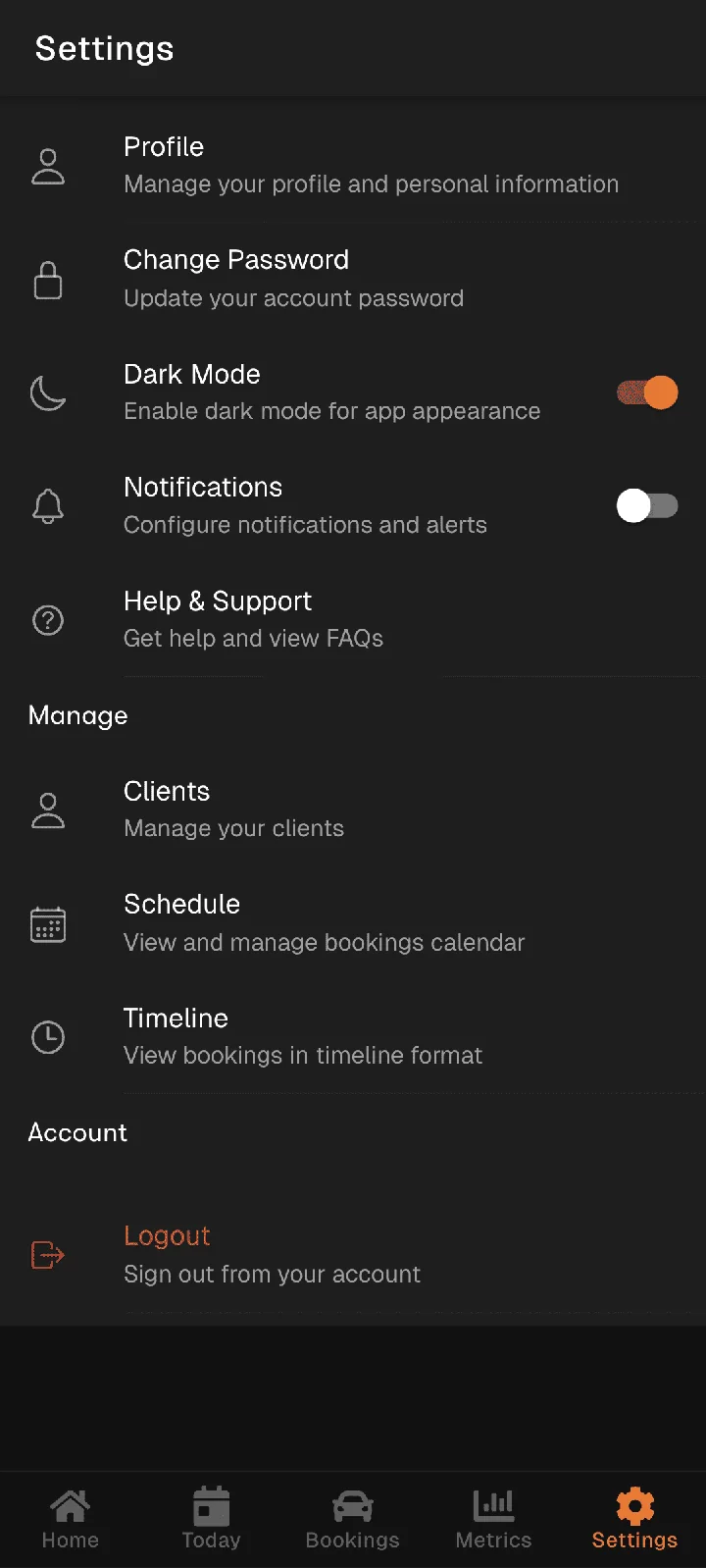 Audalimo Booking App: Settings