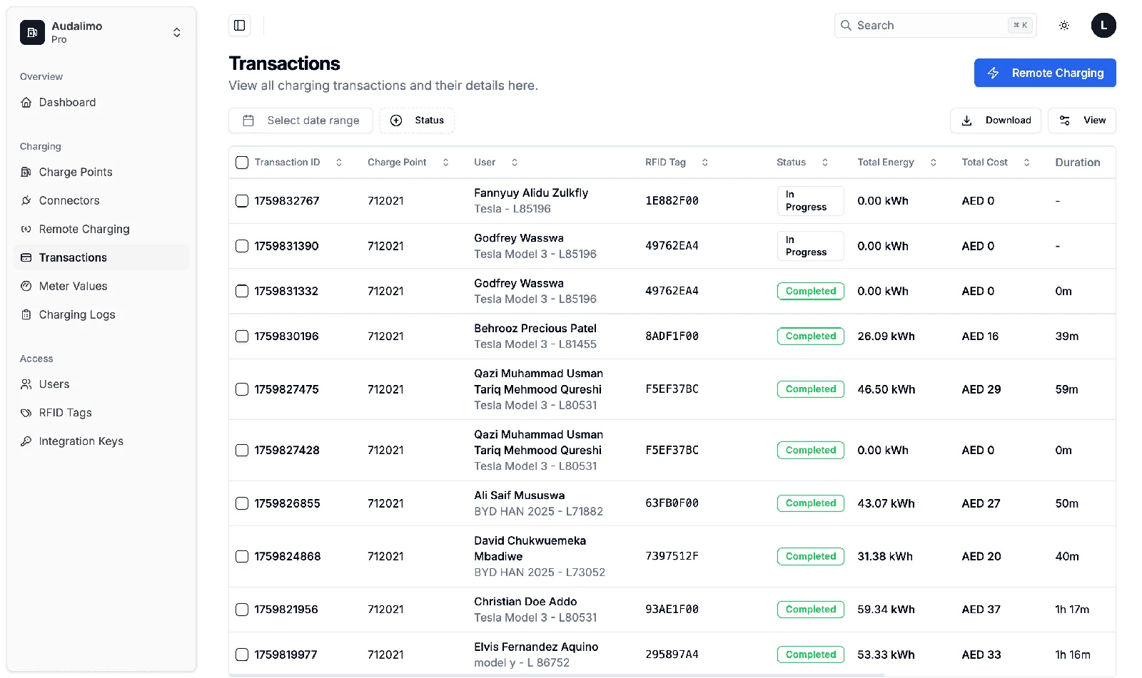 Audalimo EV Charging (OCPP 1.6): Transactions